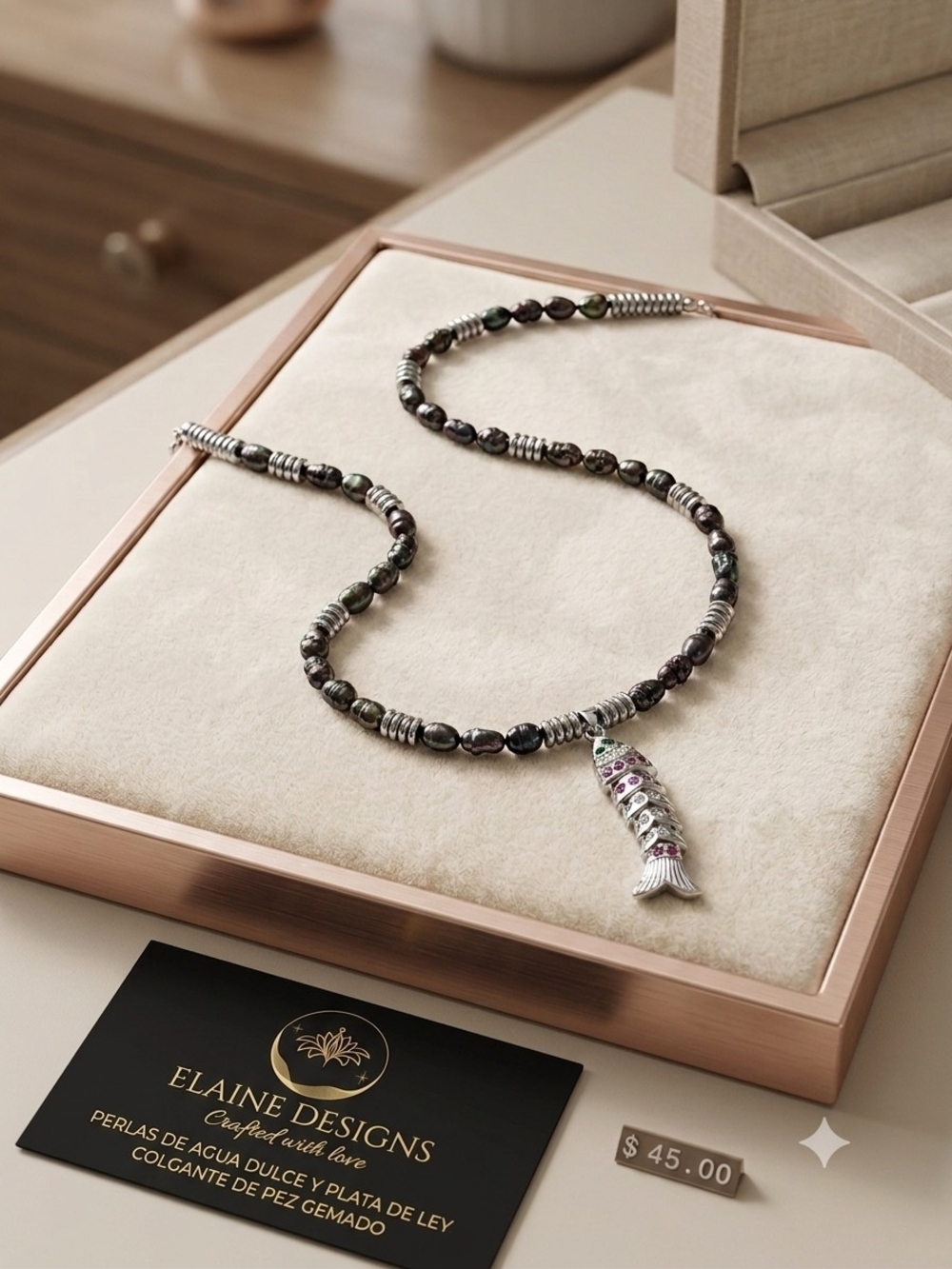 Black Pearl Necklace with Jeweled Fish Pendant